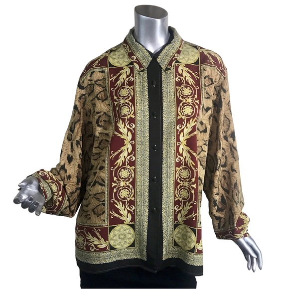 Antibes Women’s XL Blouse Luxurious Scroll Leopard Print Long Sleeve Silky Feel - Picture 1 of 16